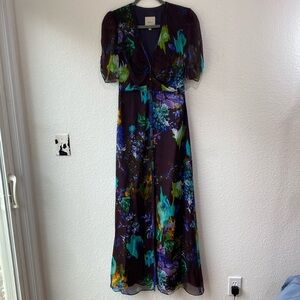 Mason Floral Silk Chiffon Purple Button Front Maxi Evening Dress Gown 0